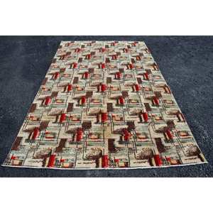 Tapis turc vintage moderne 4.9x 9.6ft brun rouge laine latex support rectangulaire tapis en peluche pour couloir abstrait chambre grand ensemble - Product Image 1