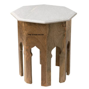 Mesa Auxiliar de Madera Maciza Hecha a Mano de Alta Calidad con Acabado Marrón y Forma Única con Tapa de Madera y Mármol, Adorno para el Hogar - Product Image 1