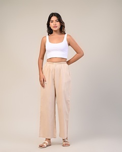 Nouveau pantalon large beige élégant pour femme, coupe décontractée/ample, uni, tissage uni, taille élastique, coton extensible - Product Image 5