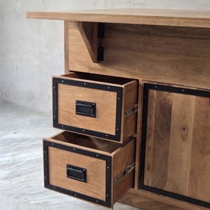 Îlot de cuisine en bois de manguier massif Nexa avec unité de rangement |   Armoire industrielle moderne 5 tiroirs 2 étagères Cadre en métal noir |   Personnalisé - Product Image 6