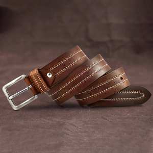 Cinturón de Cuero Genuino para Hombre, Hebilla de Aleación, Doble Costura, Estilo Clásico, Negro y Marrón, Casual, Duradero, 3.5CM de Ancho - Product Image 2