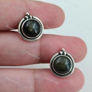 Boucles d'oreilles en obsidienne dorée, tiges en argent sterling 925, bijoux faits à la main - Product Image 5