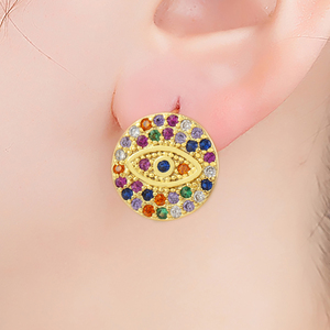 Pendientes de Botón Redondos con Ojo Turco, Chapados en <span class=keywords><strong>Oro</strong></span>, Hipoalergénicos, con Circonita Cúbica, para Mujer, Venta al por Mayor QIKU - Product Image 2