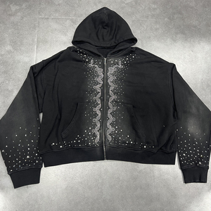 Haute Qualité Mode Personnalisé 100% Coton Gemmes Strass À Capuche Zip up Soleil Lavage Soleil Délavé Zip up Hoodie pour Hommes - Product Image 1