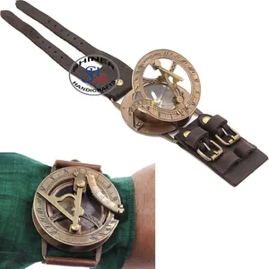 仿古黄铜手腕日晷罗盘手表复古定向磁性日晷罗盘手腕海洋航海罗盘导航