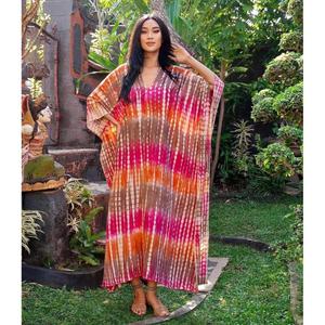 Boho femmes parole longueur robe de soirée main cravate teinture caftan col en v 100% coton été solide décontracté taille 6XL - Product Image 1