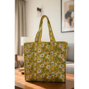 Bolso Tote Extra Grande, Color Sólido, de Algodón Tejido a Mano, Estilo Bohemio, Amarillo, con Cierre Abierto, Textil RAJASTHANI, Rajasthan - Product Image 2