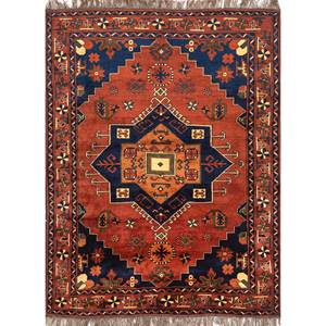 Alfombra de Lana Anudada a Mano Aalam, Diseño de Medallón Rojo Naranja, Kilim Rectangular de 9x12, Abstracta, Hecha a Mano para Adolescentes, para Entrada o Pasillo - Product Image 1