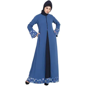 20211 # Modest 2PCS Set Ropa islámica Dubai Abaya Vestido musulmán bolsillos laterales Mujeres Abaya frente abierto hecho a medida azul teñido