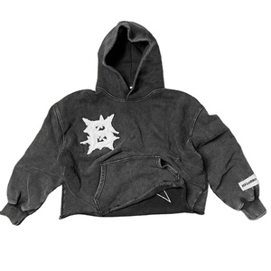 Sudaderas con capucha vintage con apliques hechas en China Sudadera con capucha de algodón de alta calidad logotipo personalizado peso pesado lavado negro sudaderas con capucha de gran tamaño - Product Image 2