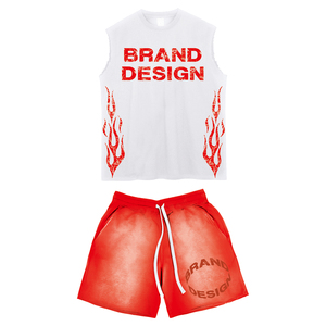 <b>Men's</b> Custom Two-Piece <b>Set</b> Breathable Cotton Acid Wash Sweat <b>Shorts</b> <b>and</b> Sleeveless <b>T</b>-<b>Shirt</b> Distressed Casual Style for Summer - Product Image 2