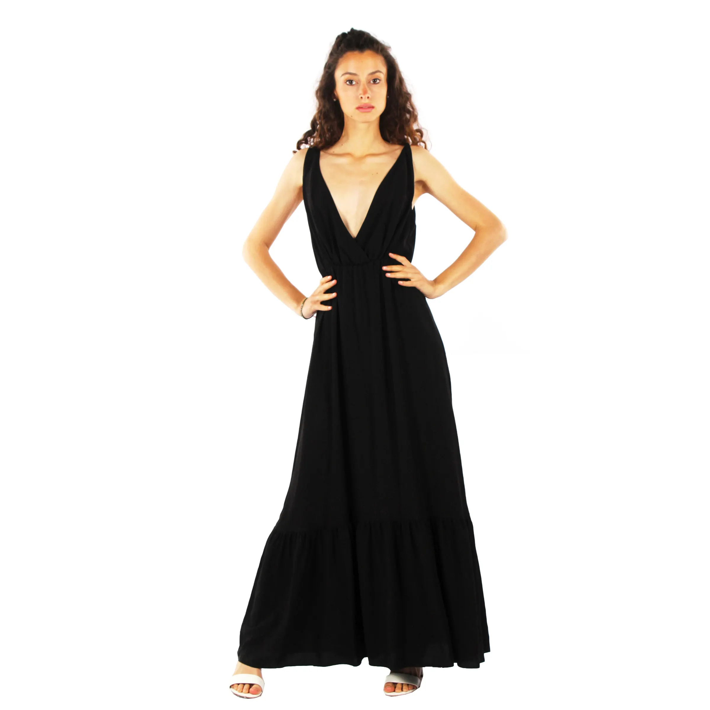 Classic Black V-Neck Sleeveless Gown Timeless Style in Viscose Linen Blend Perfect for Elegant Occasion size medium