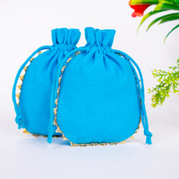 Pochette organisateur de bijoux en coton turquoise fait main en Inde, lavable, style bohème, avec cordon de serrage, artisanat ethnique, logo personnalisé, sac cadeau