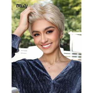 DWY Women's Short Blonde Straight Synthetic Lace Front <b>Wig</b> High Temperature Fiber High Quality Natural Style Transparent Bangs - Product Image 1