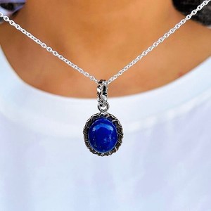Collier Pendentif Lapis Lazuli En Argent Sterling 925 Pierre Précieuse Ovale - Product Image 3