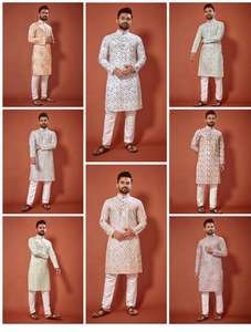 Walimah spécial concepteur fantaisie coton longue longueur en relief Kurta pleine longueur Chudidar pour hommes tenue de fête de mariage traditionnel - Product Image 5