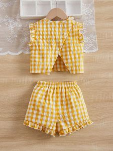 2024 bébé fille belle jaune et blanc carreaux coton tissu haut et sans manches robe courte dernière conception bébé vêtements - Product Image 2