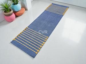 Contemporary Woven <b>Boho</b> Organic Handmade Cotton Blue Rectangle <b>Rug</b> with Yellow Tassel Trim Foldable Travel & Home Decor - Product Image 1