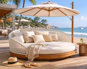 Chaise longue moderne en rotin rond avec base en teck, coussins imperméables, style côtier, pour piscine, plage, patio, meubles d'extérieur - Product Image 1
