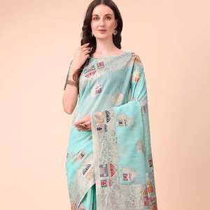 Saree en soie de coton et de lin avec motif floral ethnique pour adultes Bandanas - Product Image 1