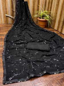 ผ้าจอร์เจตต์ปักลายสีดำจากบูติกดีไซเนอร์อินเดีย สำหรับชุดส่าหรีพร้อมเสื้อคลุม  งานออกแบบพิเศษล่าสุด ชุดส่าหรีแบบดั้งเดิม - Product Image 6