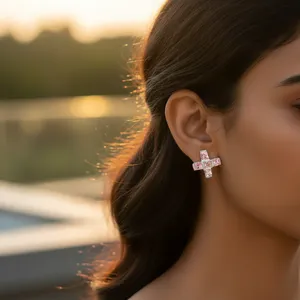 Boucles d'oreilles créoles en argent 925 pour femmes, jolies boucles d'oreilles à clous en pierre précieuse rose avec sertissage en bélière pour fiançailles, mariage, anniversaire, fête - Product Image 2