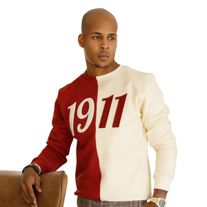 Half and Half Chenille Sweatshirt Maroon and <b>Neutral</b> Split Panel Crewneck KAP Greek Fraternity Apparel Heavy Fleece Cotton - Product Image 1