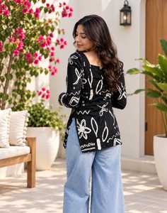 Robe longue à manches longues et col carré pour femme, imprimé floral noir, en polyester et rayonne tissée, style décontracté et ethnique, Kurti court pour femme - Product Image 2