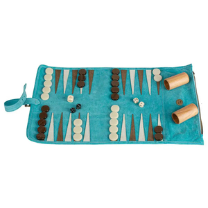 Jeu de backgammon éco-responsable MORGANS INDUSTRIES avec pions et dés en bois dans un étui pliable turquoise pour usage familial - Product Image 5