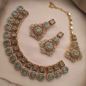 Gran oferta, conjunto de mujer de acero inoxidable chapado en oro de 18 quilates, hermoso collar nupcial, pendientes, tocado para compromiso de boda o regalo - Product Image 3
