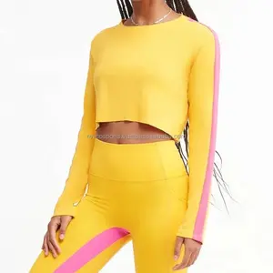 Women Fashion Wear Long Sleeve pink strip Crop Top T Shirts Breathable Cotton O neck Yellow t shirts women training crop t-shirt