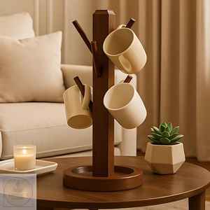 Walnut Wood Mug Tree Stand Kitchen Countertop Coffee Tea Cup Holder <b>Storage</b> Rack <b>Tabletop</b> Hanging Organizer Displaying Accessory - Product Image 1