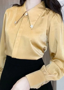 Blusa de Satén Verde con Cuello en V y Lazo, Manga Tres Cuartos, Camisa Formal para Mujer, Color Sólido, Antiarrugas, Ropa de Primavera - Product Image 3