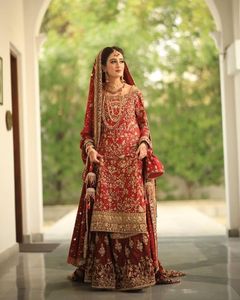 BEAUTIFUL BRIDAL LONG <b>KURTA</b> ,LEHENGA WITH DUPATTA DRESS Embellished WITH CRYSTAL GLASS BEADS,STONE,DABKA WORK for WEDDING @ 2024 - Product Image 1