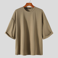 Camiseta de Punto Casual para Hombre, Tallas Grandes, 100% Algodón, Tejido Grueso, Color Sólido, Transpirable, Anti-Pilling, de Alta Calidad y Tendencia