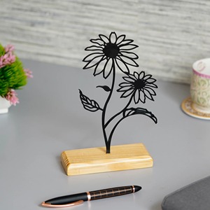 Sculpture florale élégante en métal noir avec base en bois, décoration de table artistique parfaite pour le style de maison moderne, vente en gros en provenance d'Inde - Product Image 6