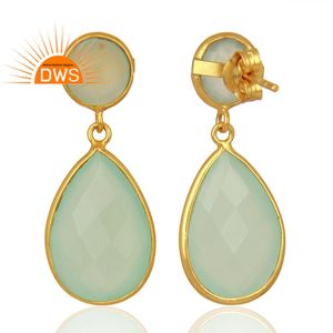 Nouvel arrivage de boucles d'oreilles en argent sterling 18k plaqué or naturel calcédoine d'eau, pierre précieuse, fabricant de bijoux demi-fins - Product Image 4
