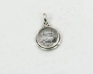 925 Plata de ley sólida abril mes piedra de nacimiento rutilo negro con ajuste de bisel colgante de forma redonda - Product Image 2