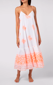 2023 nouvelle saison Orange col en V femmes robe mi-longue Ultra flatteur néon Orange Dhaka imprimer Unique dentelle décorée robe d'été - Product Image 5