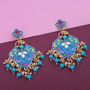 Pendientes colgantes Kriaa Blue Meenakari Kundan chapados en oro a la moda para el día a día - Product Image 1