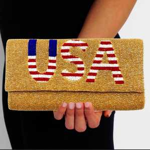 USA rayures étoiles drapeau patriotique graine perlée bandoulière chaîne enveloppe forme coton soirée pochette mode Mart sac à main - Product Image 2