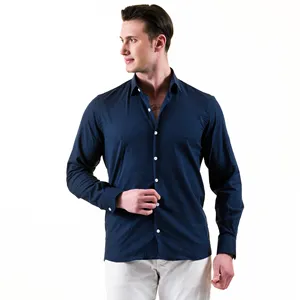 Chemise habillée en coton 100% à pois bleu blanc à pois pour hommes pour formel et vacances en stock