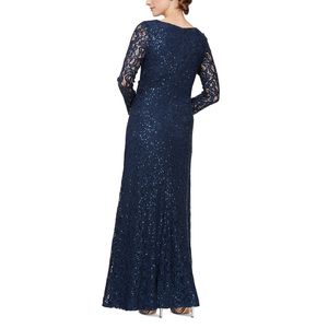 Abito da donna Alex Eve blu con paillettes, vita arricciata, silhouette a tubino, lunghezza al pavimento, scollo a cuore, perle, fiori, piume, taglia 10 - Product Image 2