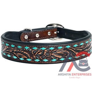 Collier de chien imprimé turquoise en cuir torsadé occidental pour le cou collier de chien réglable rembourré gravé en cuir véritable pour animal de compagnie - Product Image 1