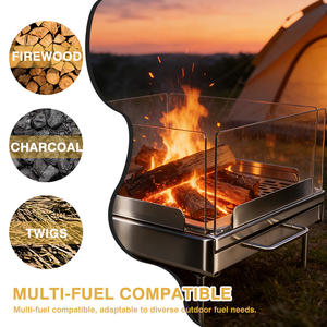 360 °   Brasero panoramique en acier inoxydable avec protection contre le vent en verre trempé sur quatre côtés, foyer extérieur portable avec cendrier extractible. - Product Image 3