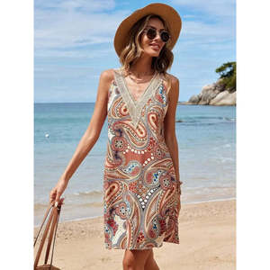 Vestido Mini Estampado sin Mangas con Cuello en V de Encaje para Mujer de Jane's, Corte Regular, Tela Fina, Ideal para Uso Diario Informal, Ropa de Playa - Product Image 5