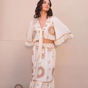 Embrace Sunshine Women Handcrafted Golden Details Charming Thread Work Bohemian Elegance Ruffled Blouse & Tiered Skirt Cord Set - Product Image 1