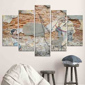 Impression Graffiti Garçon et Dinosaure : Œuvre d'art moderne sur toile, design plat, lot de 5 toiles assorties - Product Image 1