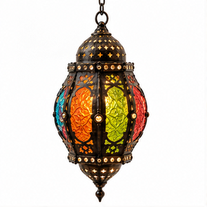 Lanterne suspendue marocaine artisanale Farida Hookahs, lampe à suspension vintage en métal, verre coloré multicolore, finition laiton doré/gris - Product Image 6