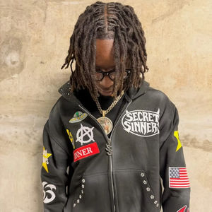 Sudadera con Capucha de Algodón Suave y Grueso con Bordado 3D Personalizado, Letras DTG, Cierre de Cremallera, Pedrería, Diseño Gráfico, Estilo Desgastado y Lavado Ácido - Product Image 1